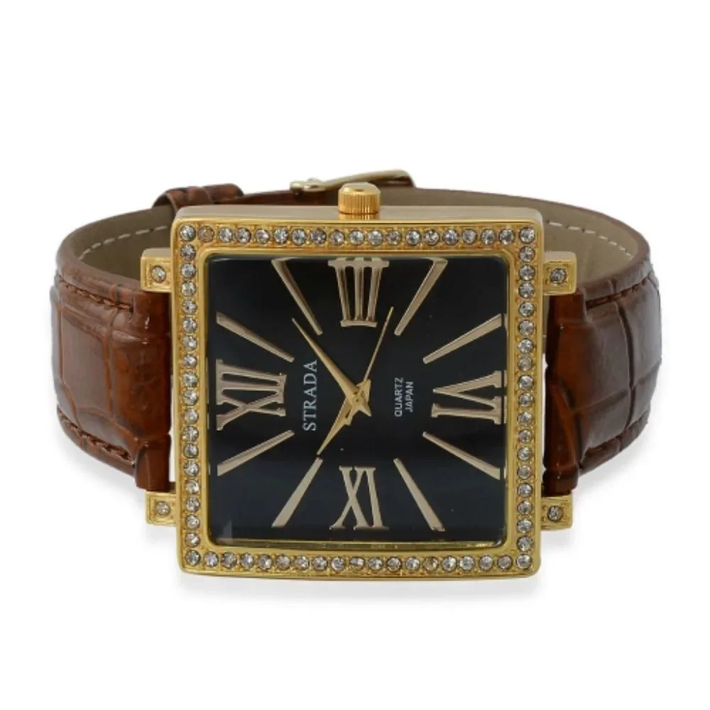 STRADA Watch  Austrian Crystal Faux Band Brown
